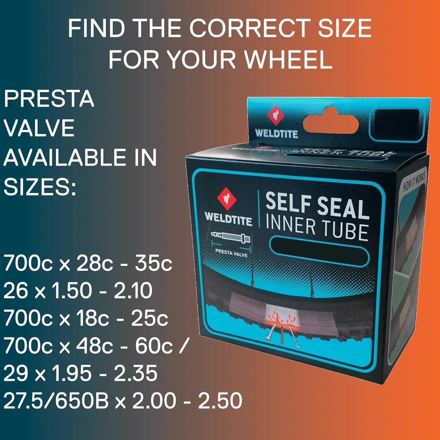 WELDTITE Presta Valve Self Sealing Bike Inner Tube,  26” x 1.50-1.75-2.125
