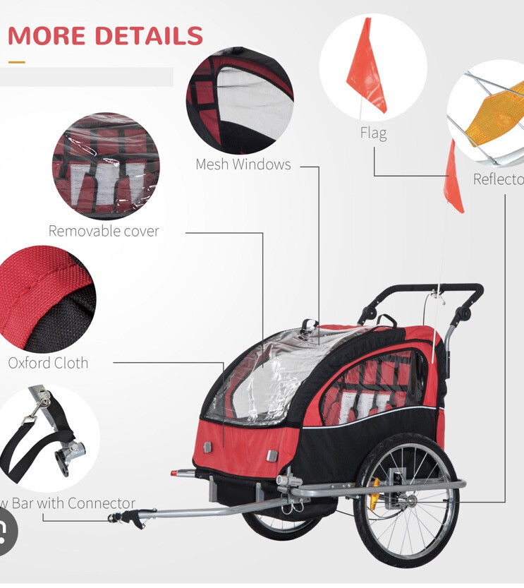 Doppio Bicycle Double Trailer  Red 20 inch Wheels